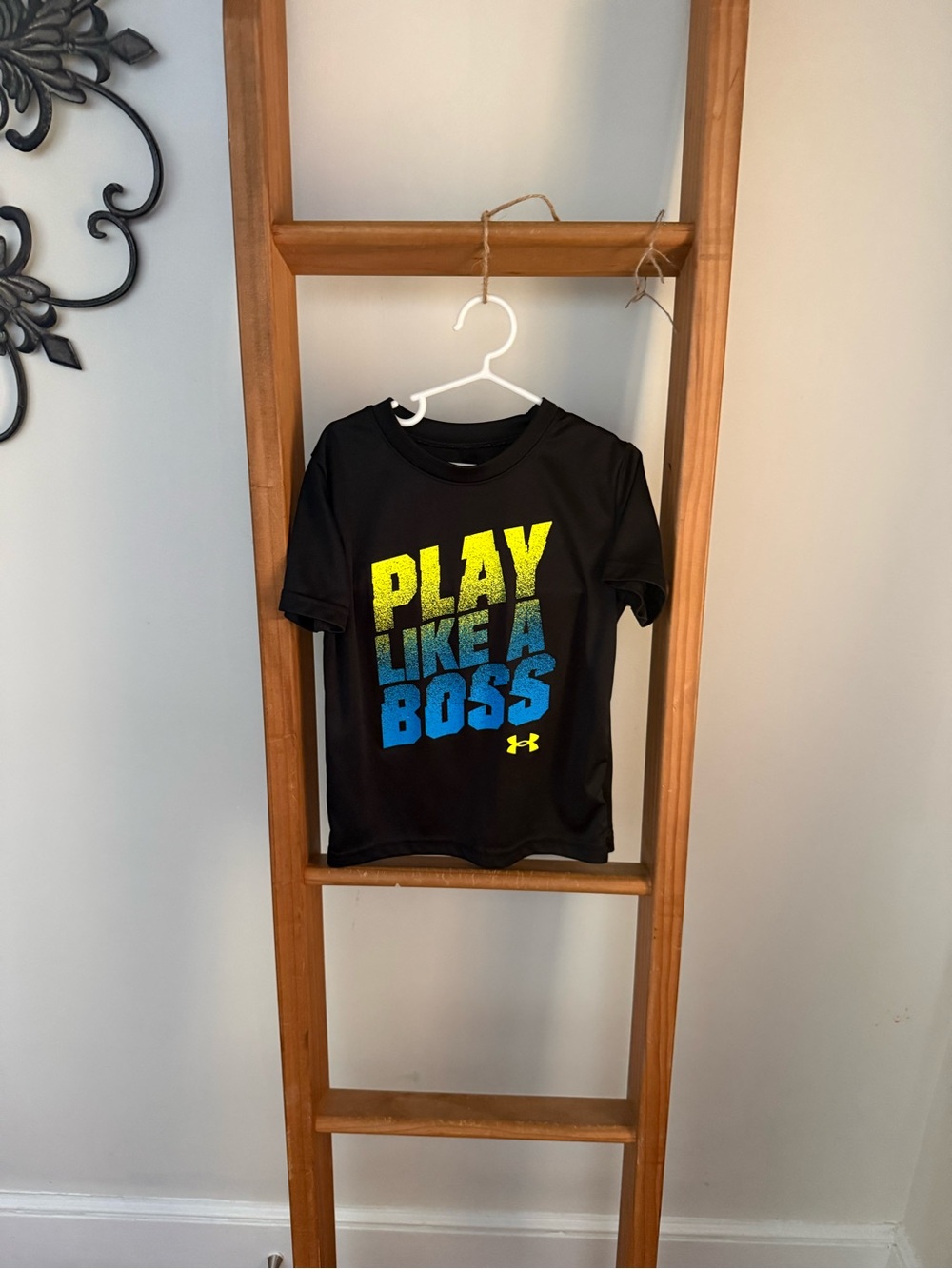 Under Armour Black Tee with Neon Yellow and Blue 'PLAY LIKE A BOSS' Graphic